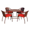 Propation 5 Piece Cafe Curved Back Chairs & Folding Wicker Table Dining Set; Red Cushion PR330424